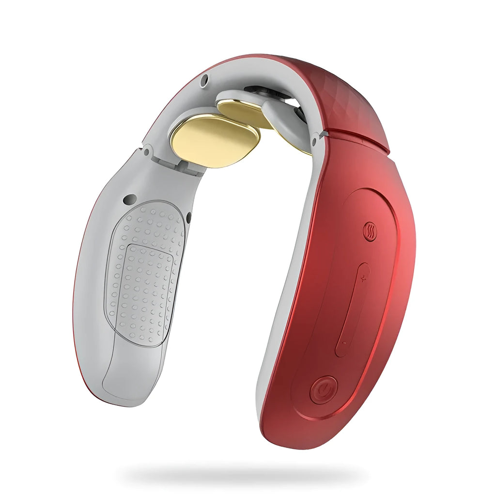 Small red and white intelligent cervical massager unit with three contact points and battery power.