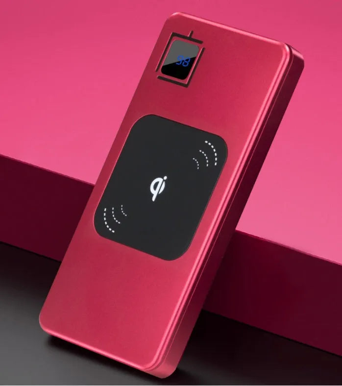 Silver alloy portable power bank with LCD display showing battery percentage.