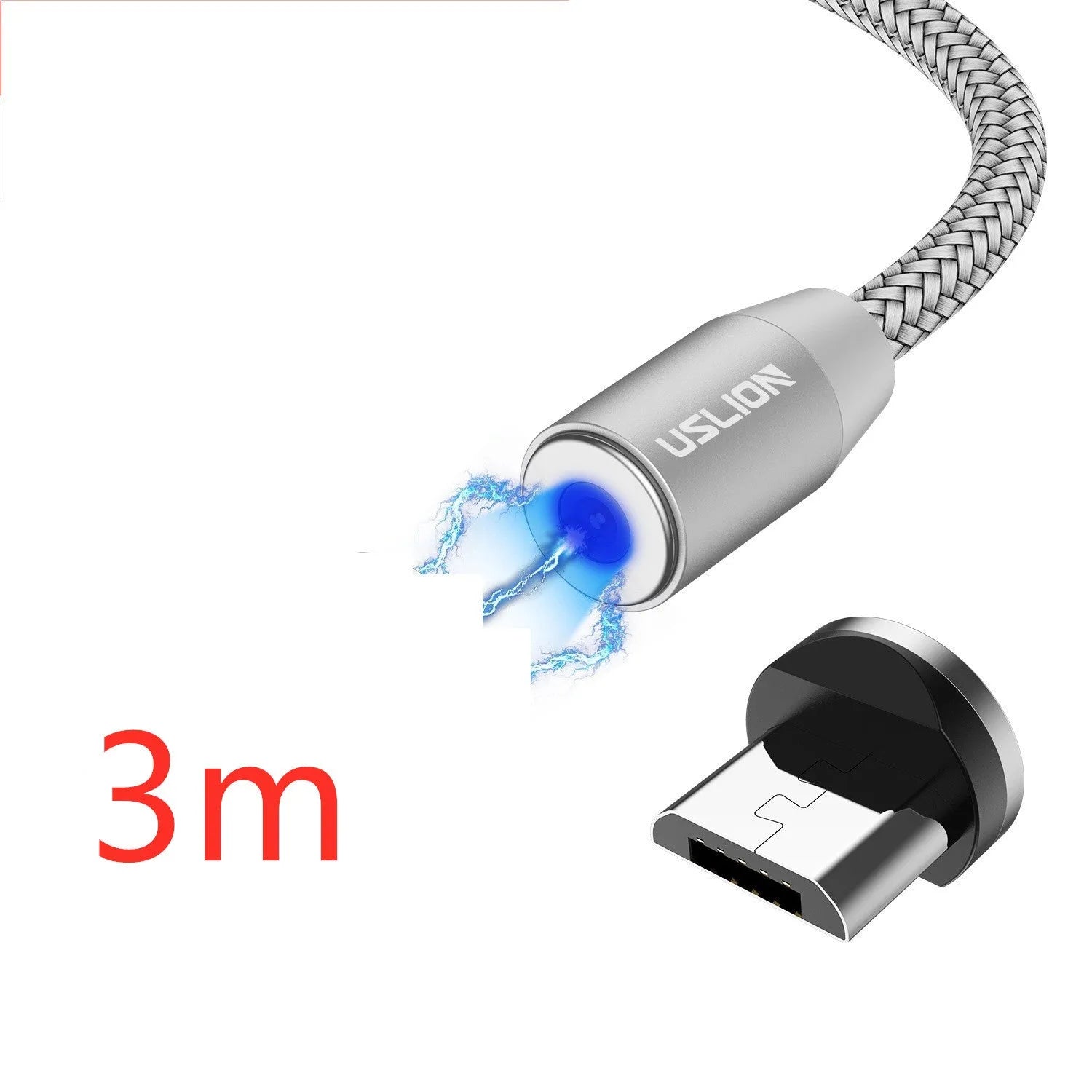 USLION circular magnetic charging cable in black, showing magnetic connector and plug for Android, iOS, or Type-C device.