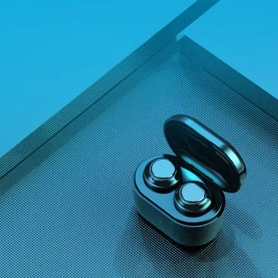 Black stereo Bluetooth headset with earplug design showing bilateral earpieces.