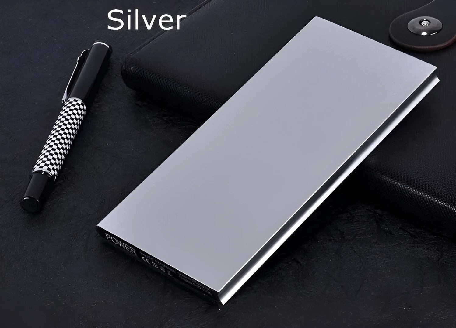 8000mAh aluminium alloy power bank with LED light and two USB ports in various colours.