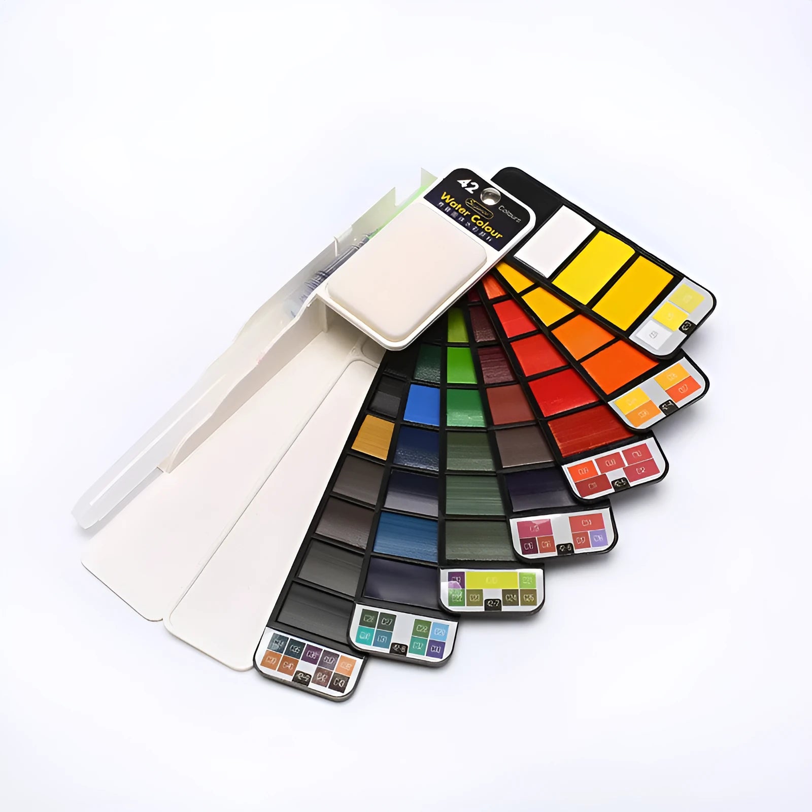Solid watercolour paint set in a fan-shaped foldable palette inside a transparent plastic box with fountain pen and sponge.