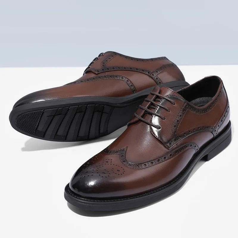 Men's black and brown brogue shoes with business styling and PU leather upper