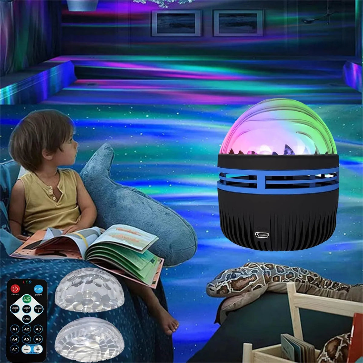 LED star galaxy projector lamp with colourful rotating patterns on a bedroom table