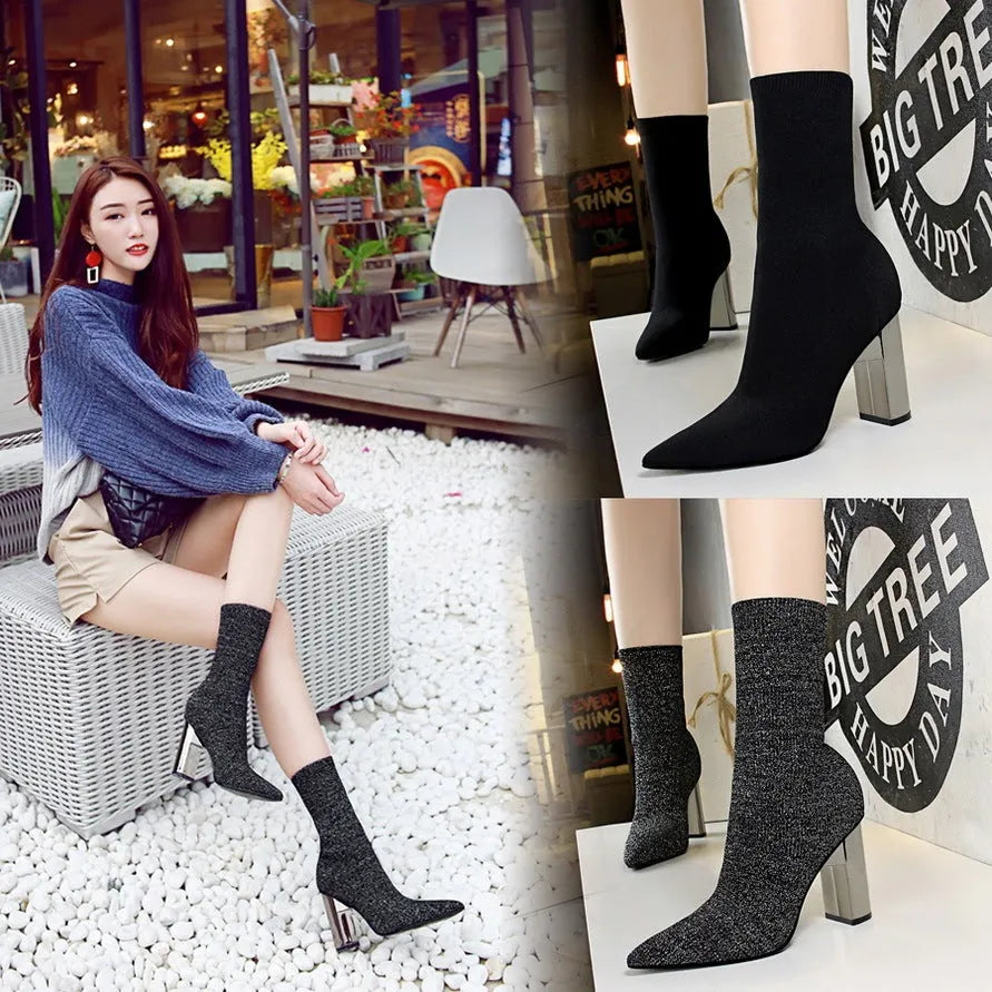 Short tube women's boots with pointed toe, thick heel, and woolen vamp in black, sizes 34-43