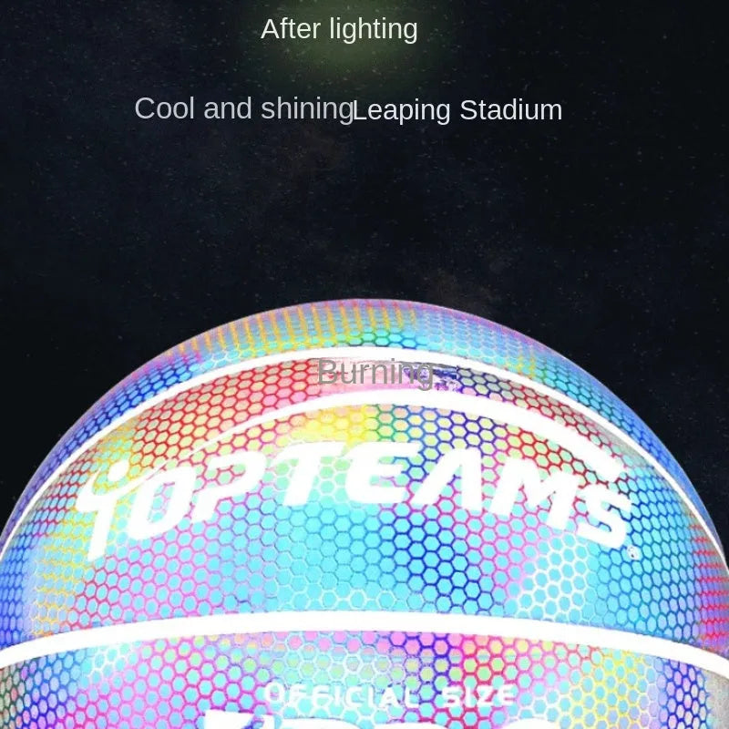 Holographic fluorescent reflective basketball glowing in low light