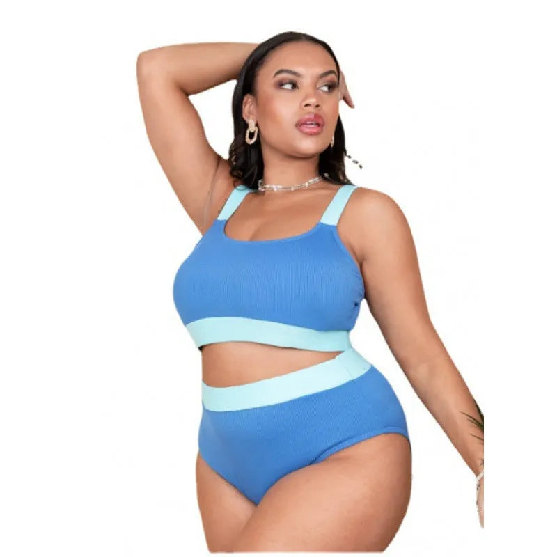 Women's solid colour polyester bikini set with high-waisted briefs and split stitching detail.