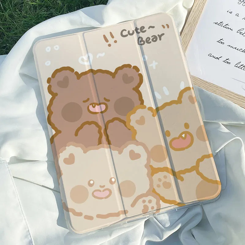 Rabbit cartoon design tri-fold silicone protective case for an iPad tablet, shown in stand mode.