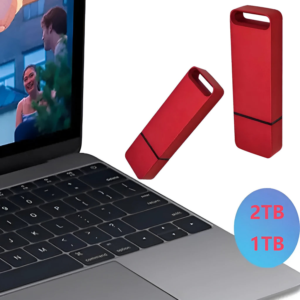 Metal USB flash drive in black, red, or silver with capacity options from 1TB to 16TB