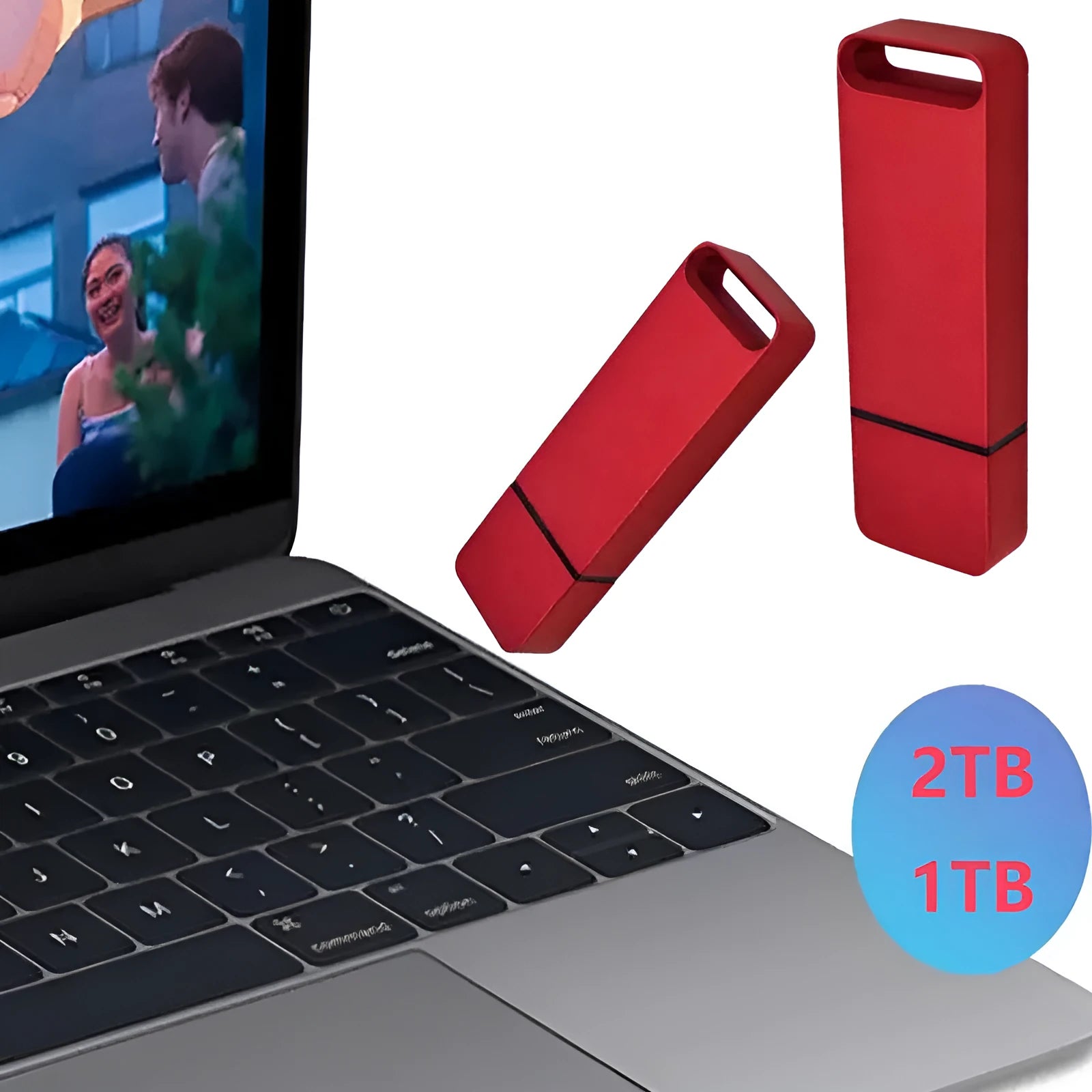 Metal USB flash drive in black, red, or silver with capacity options from 1TB to 16TB