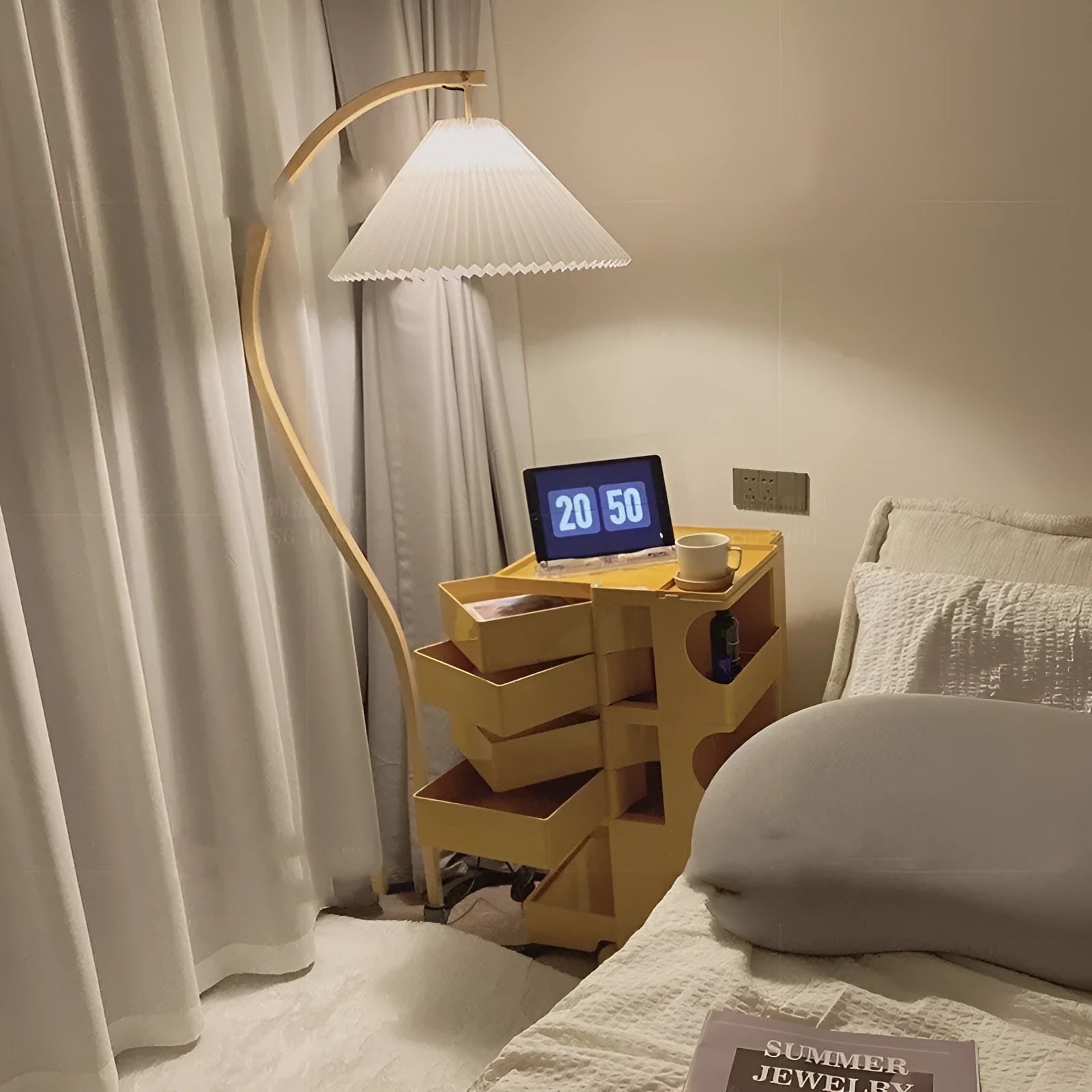 Retro vertical table lamp with a choice of log white or wine red shade, designed for bedside and sofa edge use