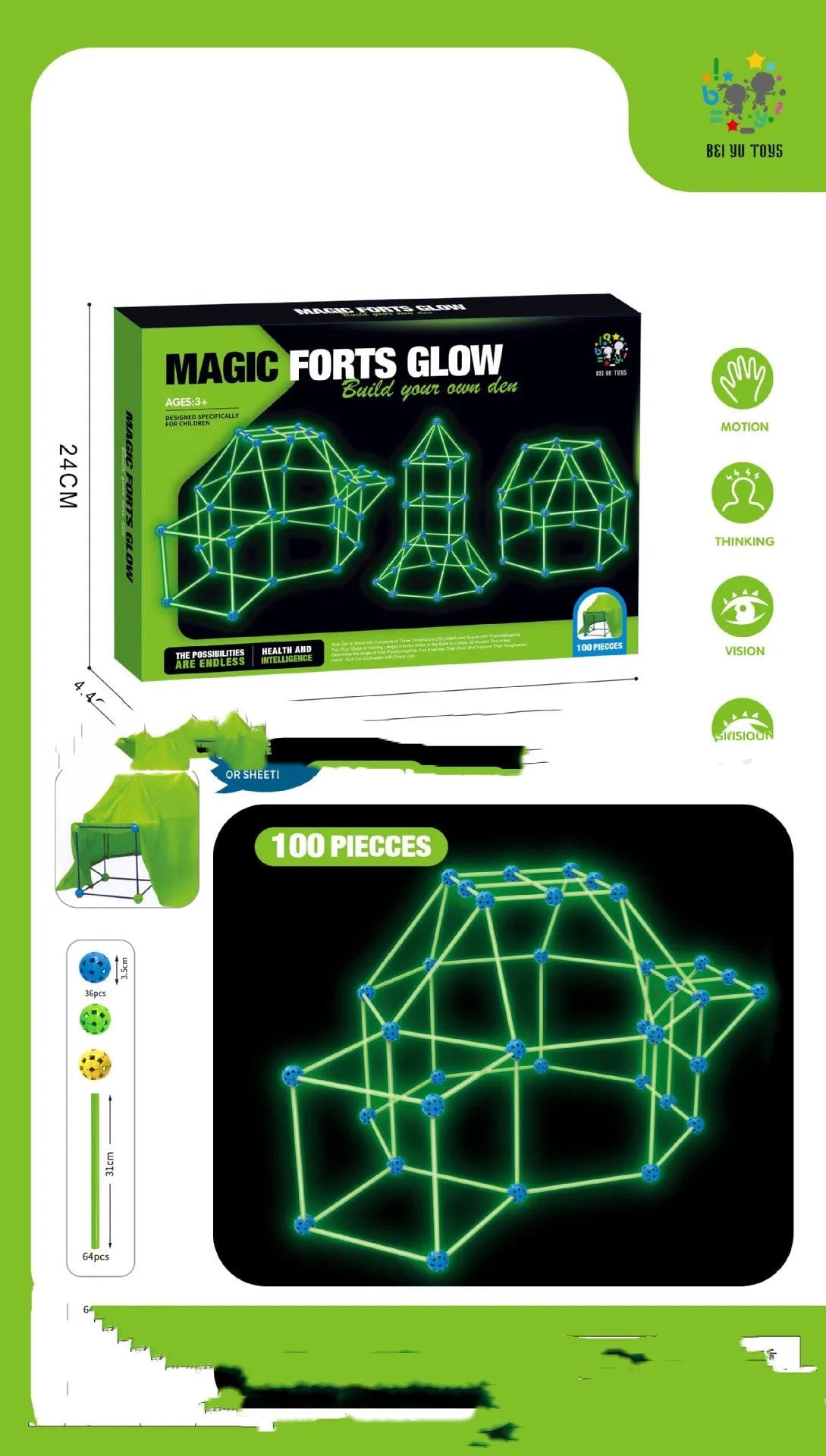 Luminous plastic fort building kit for kids with glowing sticks, balls, and fabric tent