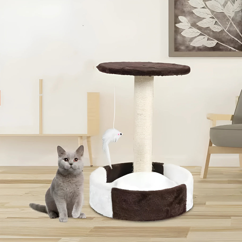 Wooden cat climbing frame with suede covered platforms in beige colour with large tray