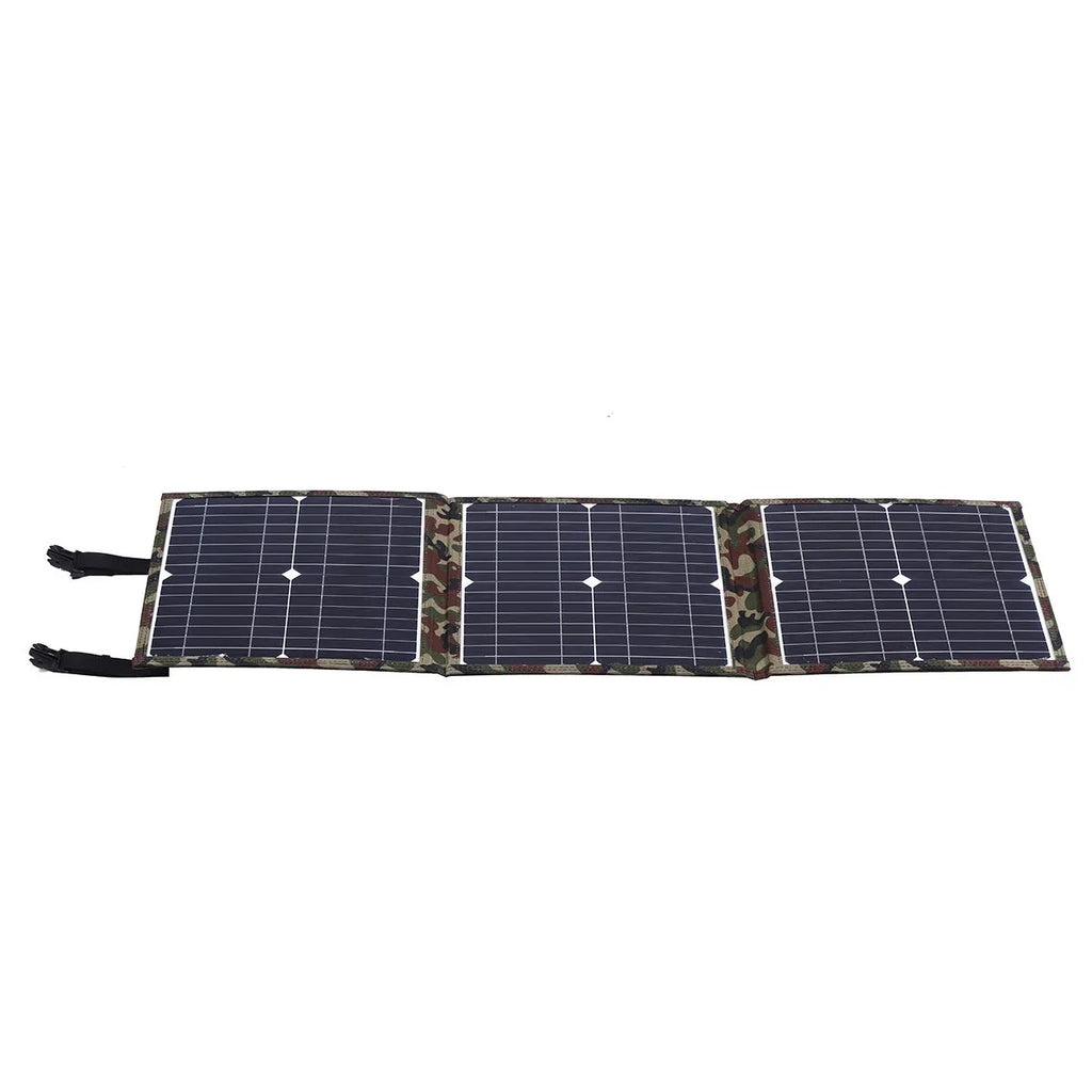 Black foldable solar panel measuring 87cm by 28.5cm with car charger and USB accessories