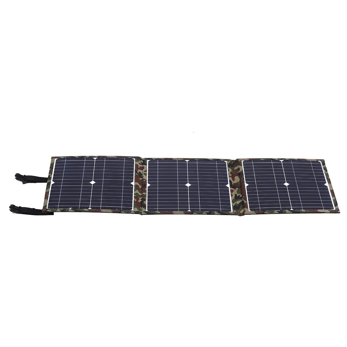 Black foldable solar panel measuring 87cm by 28.5cm with car charger and USB accessories