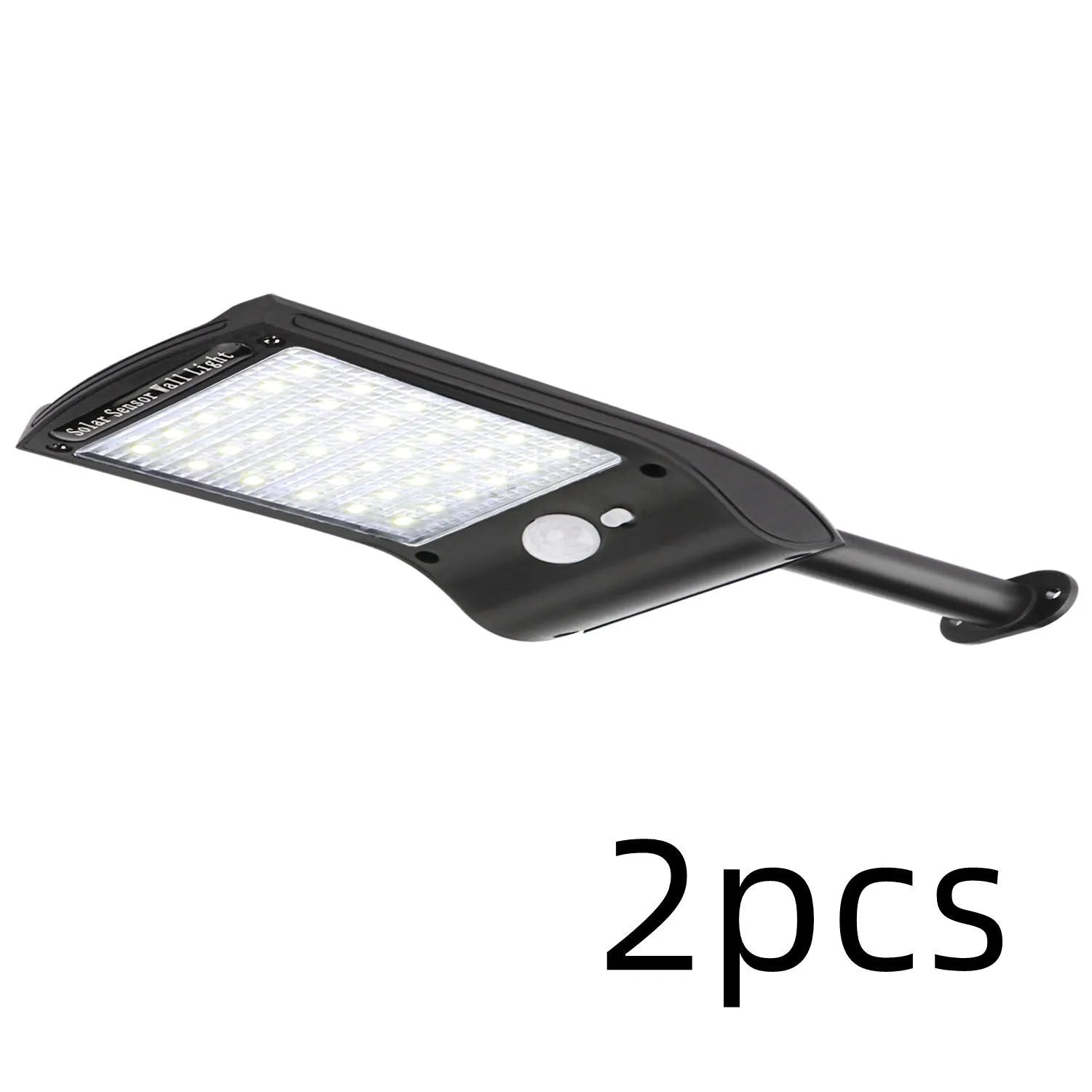 Black solar-powered outdoor wall light with 36 LEDs, a large motion sensor, and an adjustable mounting pole.