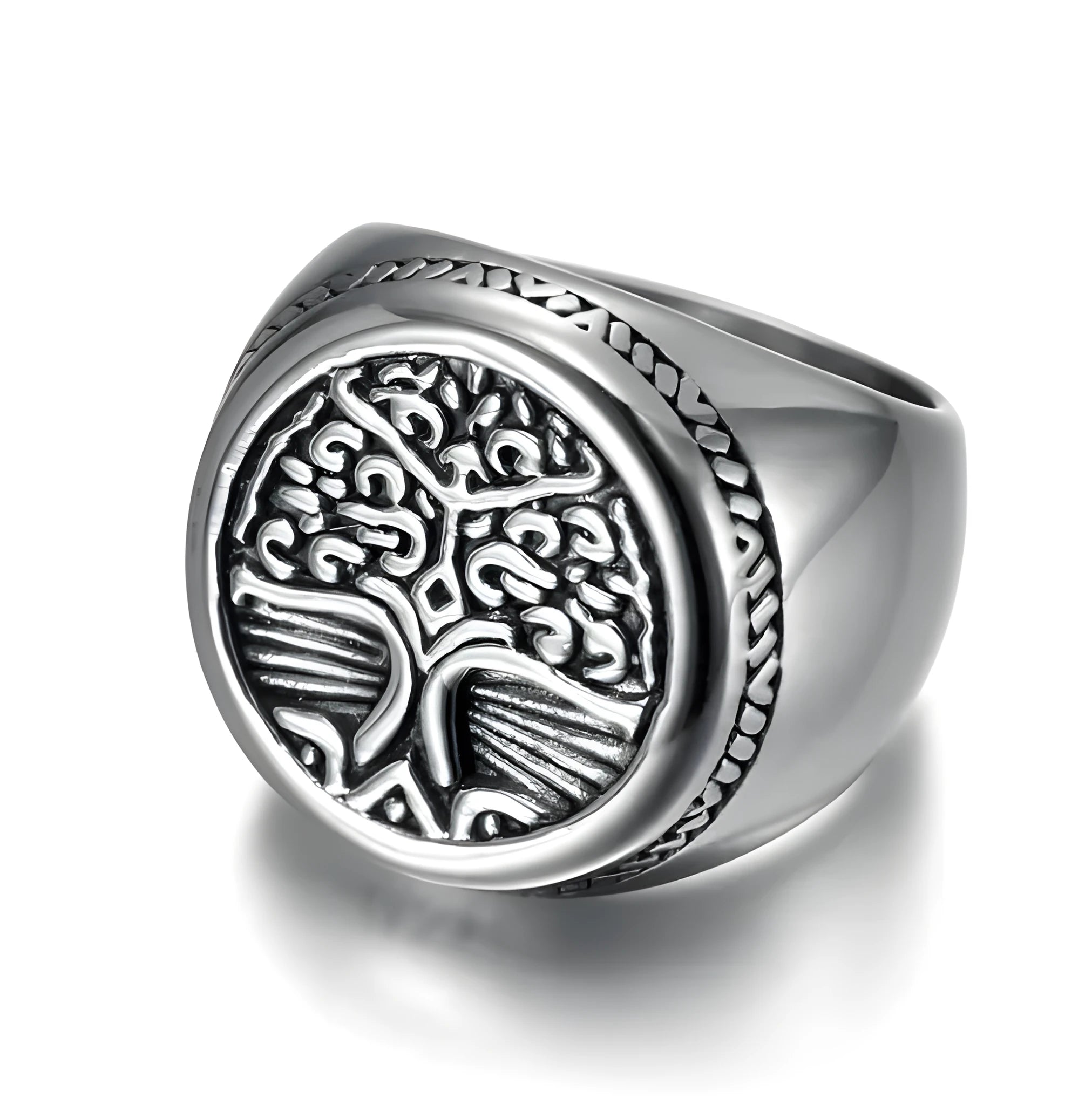 Asgard Crafted handcrafted 316L stainless steel Celtic Tree of Life circular ring with 1.8cm band, steel colour