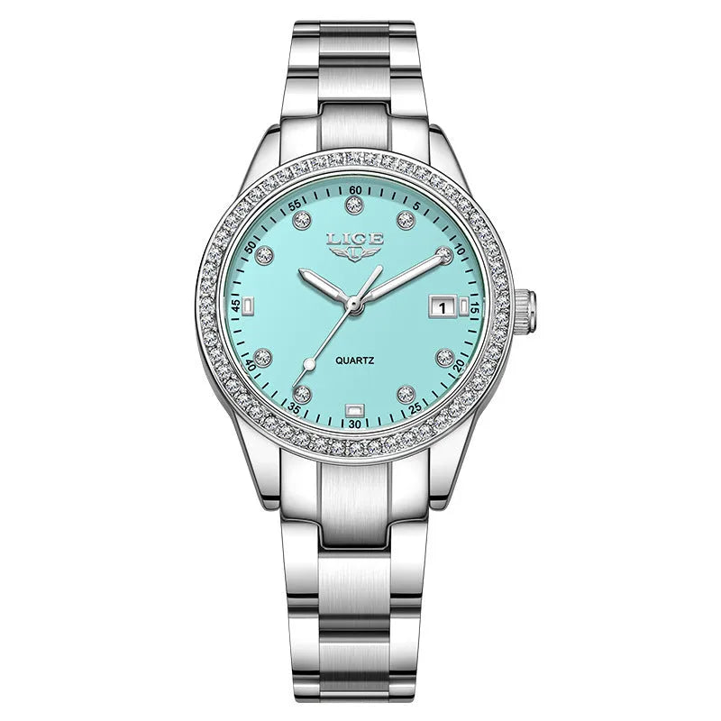 Women's silver fashion watch with diamond markers and luminous hands on stainless steel bracelet
