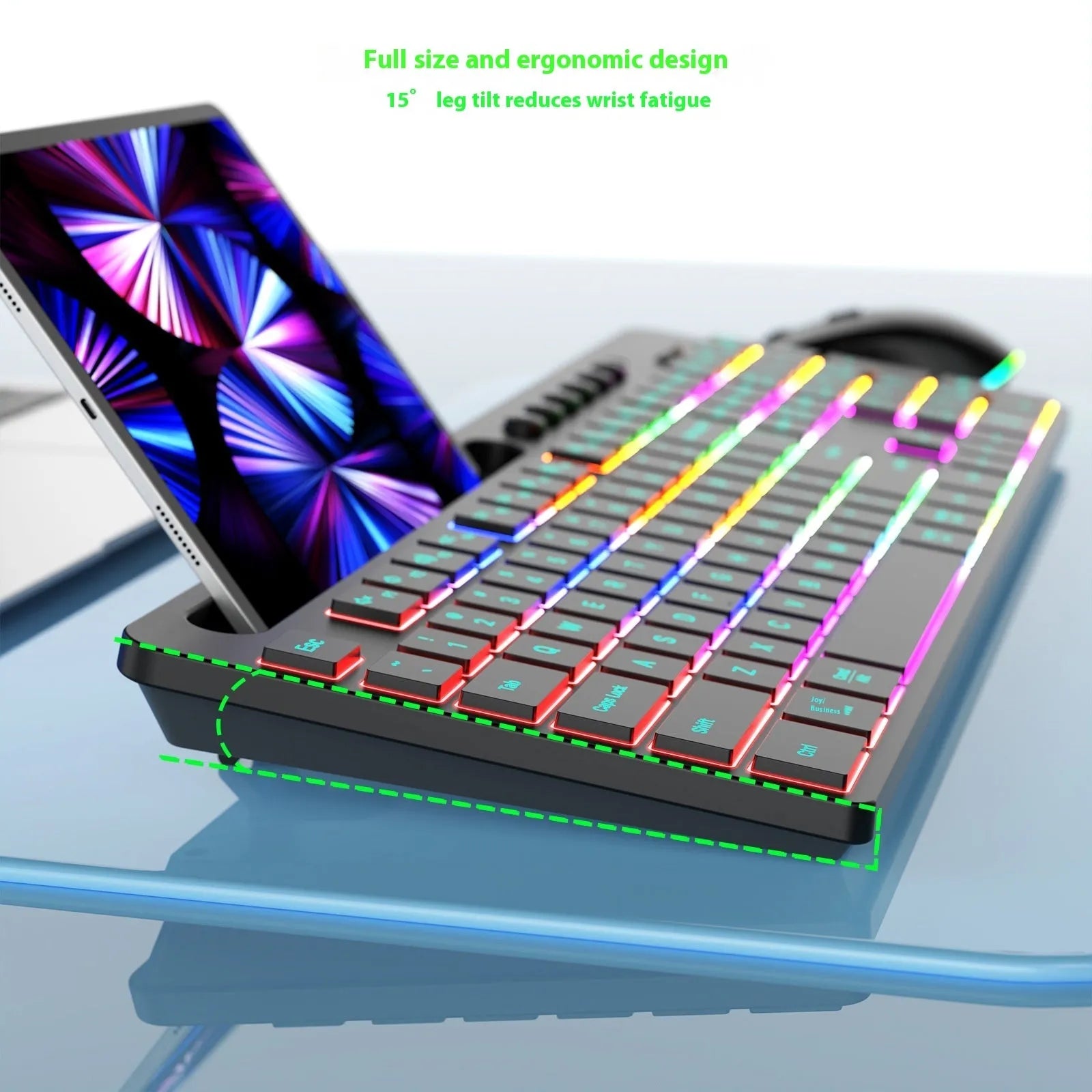 Black wireless keyboard and mouse set with card slot and luminous design elements