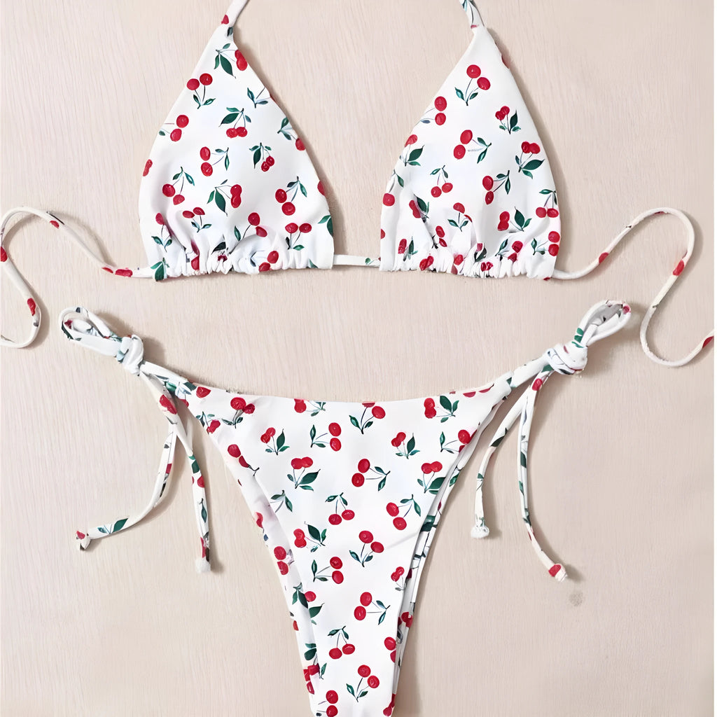 Split halter bikini swimsuit with backless design and adjustable halter neck in solid colour