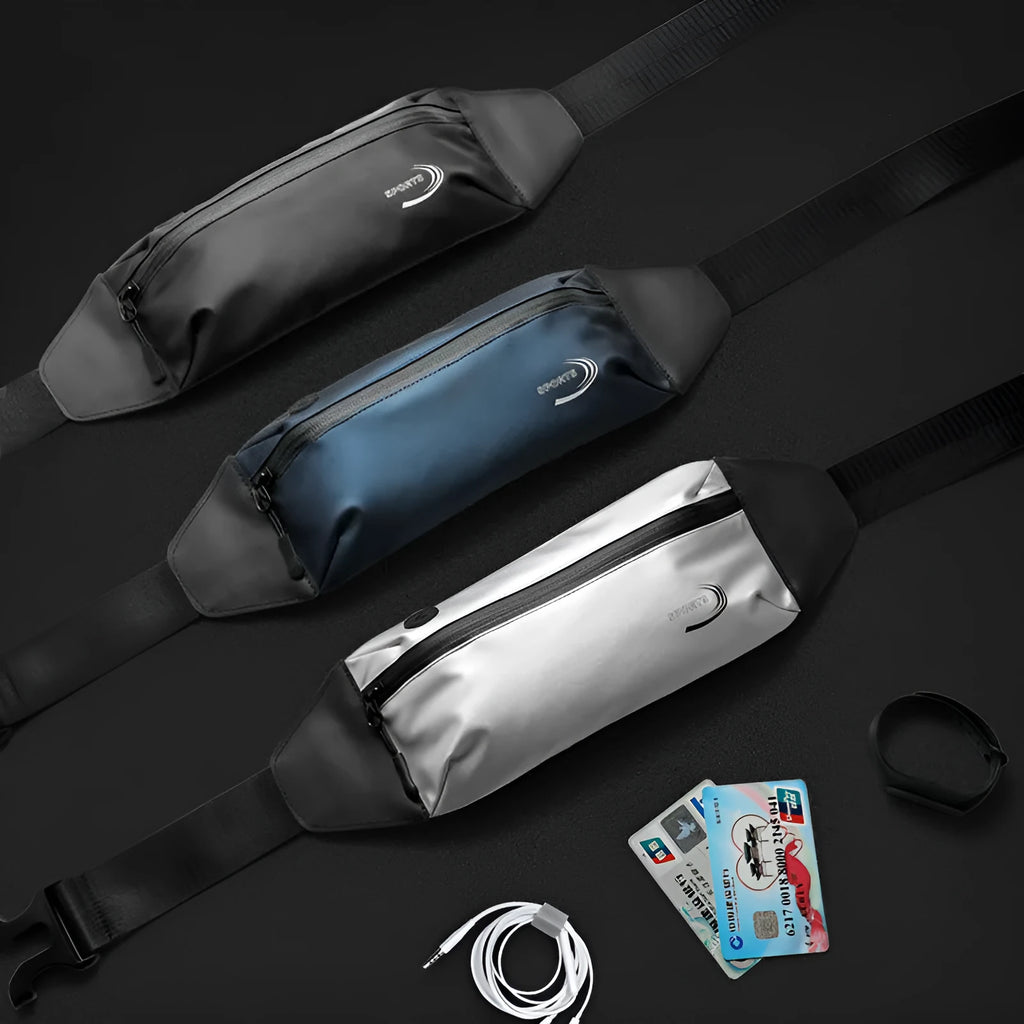 Men's solid-colour waterproof sports waist bag in Derm Oxford polyester, shown in blue, black, or grey