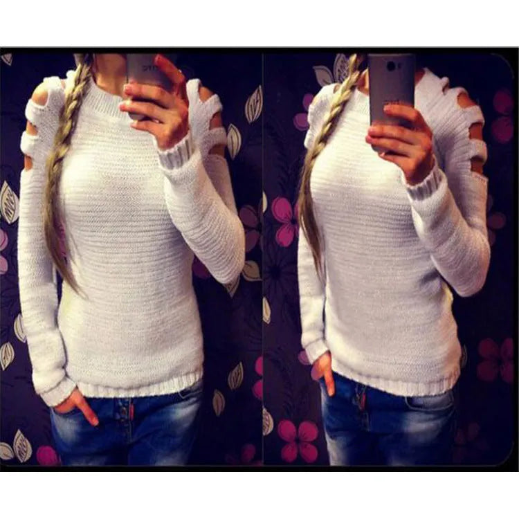 Women's white hollow-out knitted bottoming shirt with round neck and long sleeves