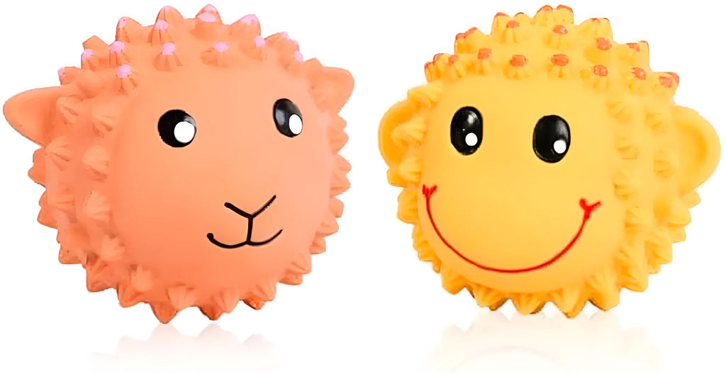Set of two squeaky natural latex dog toys in lamb and monkey shapes, 3 inches diameter, orange and yellow colours
