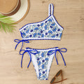 Women's blue floral one-shoulder bikini set with briefs bottom on mannequin
