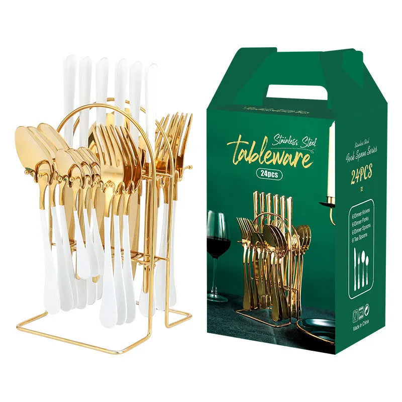 24-piece stainless steel cutlery set with storage rack in a gold finish