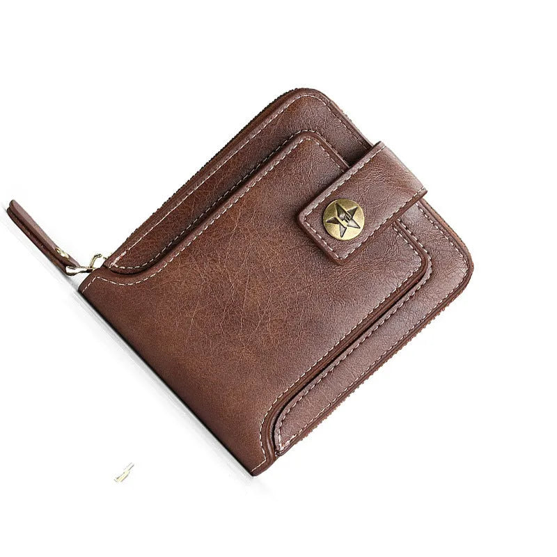 Men's short style two-fold wallet in PU leather showing light brown, black, and dark brown colour options