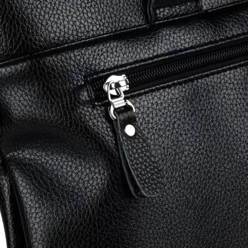 Men's black PU leather business messenger bag with crossbody strap showing 35cm width
