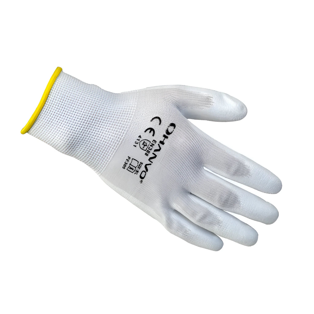 Pack of 10 white PU coated labour gloves showing the wrist length and textured coating.