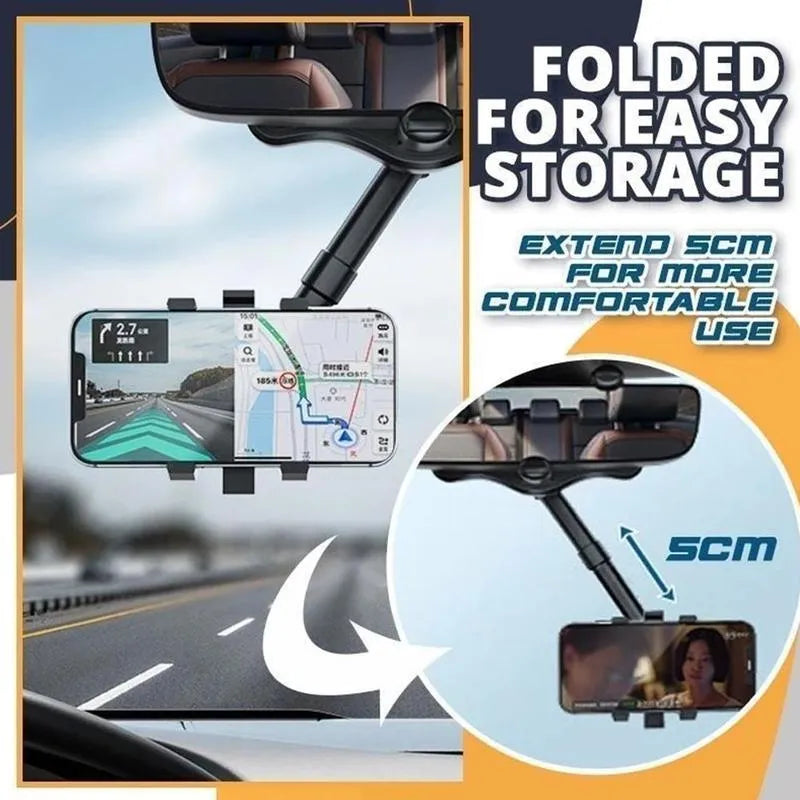 Black rearview mirror car phone holder with rotating head and four gripping claws extended.