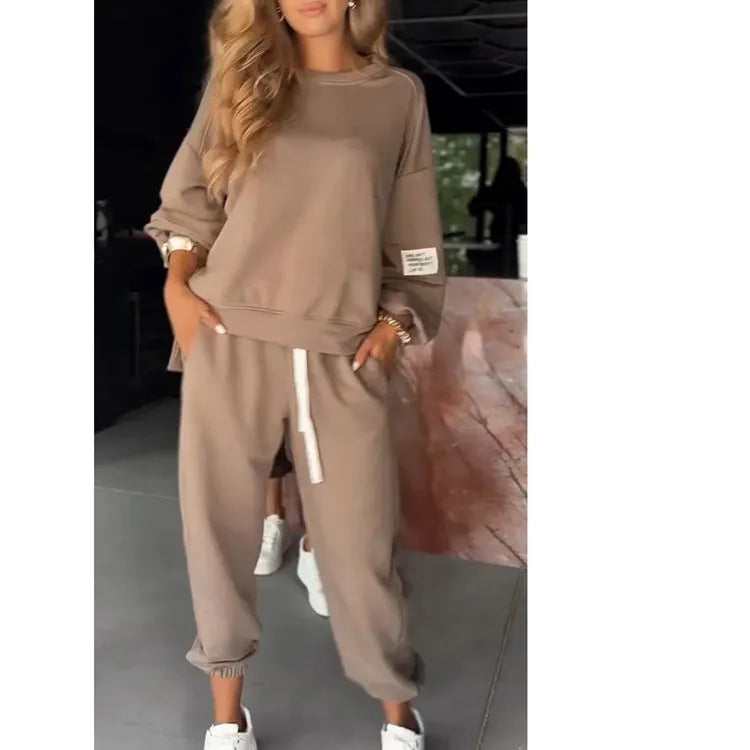 Casual women's wide leg trousers suit set in khaki, including top and wide leg trousers, polyester fabric, S to 5XL Asian sizing
