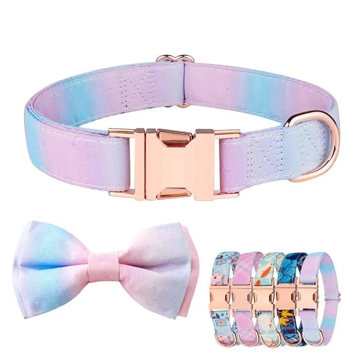 Polyester pet collar with rose gold buckle and adjustable decorative bow in multiple colour options