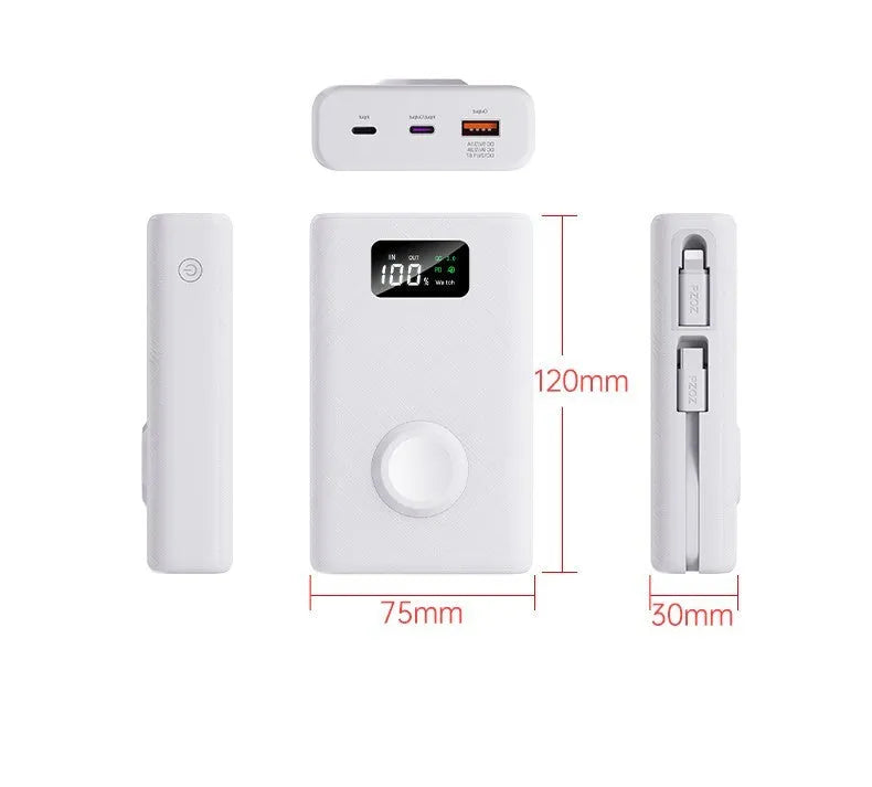 Black and white wireless charging power bank with phone bracket showing 20000mAh capacity and display screen