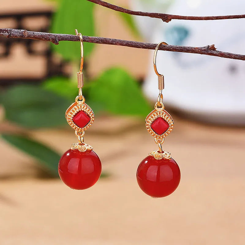 Geometric agate earrings with Southern Red Agate round beads, S925 silver inlay, and Jasper accents on electroplated alloy