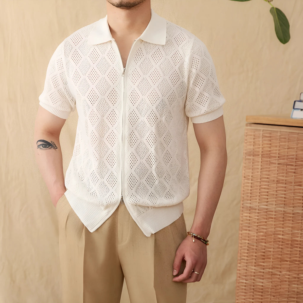 Cotton zipper hollow short sleeve lapel cardigan in light brown, front view, 100% cotton knit