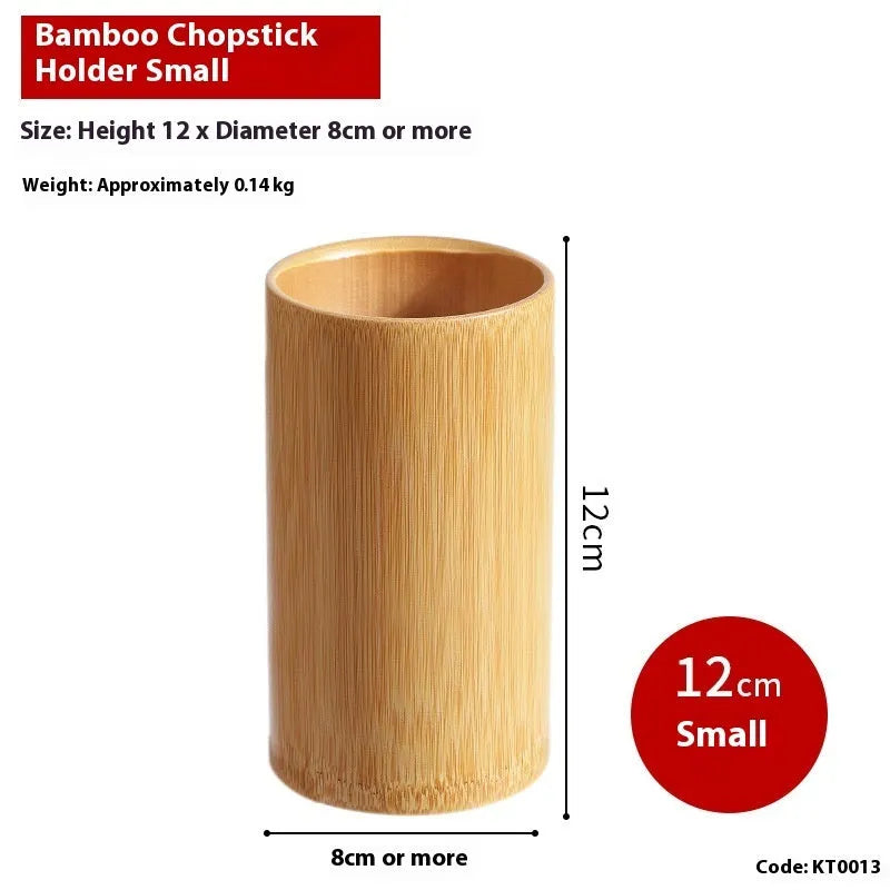 Wild bamboo chopsticks holder tube in various sizes on a wooden table.