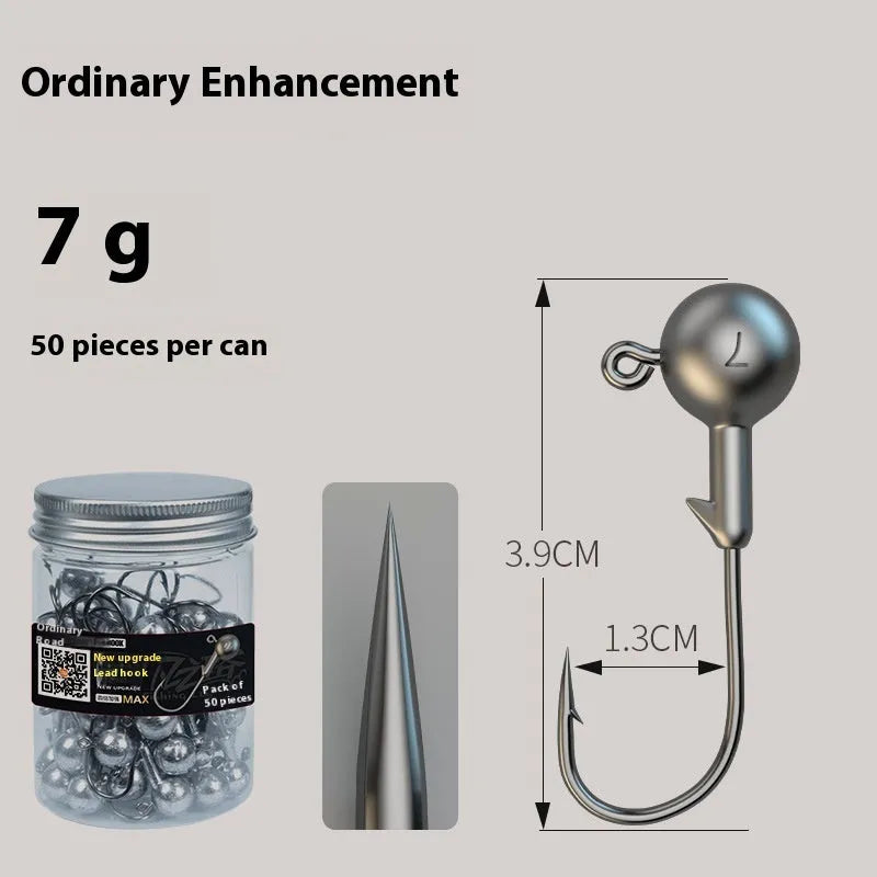 Set of 50 enhanced strength lead-headed jig hooks in primary colours for fishing