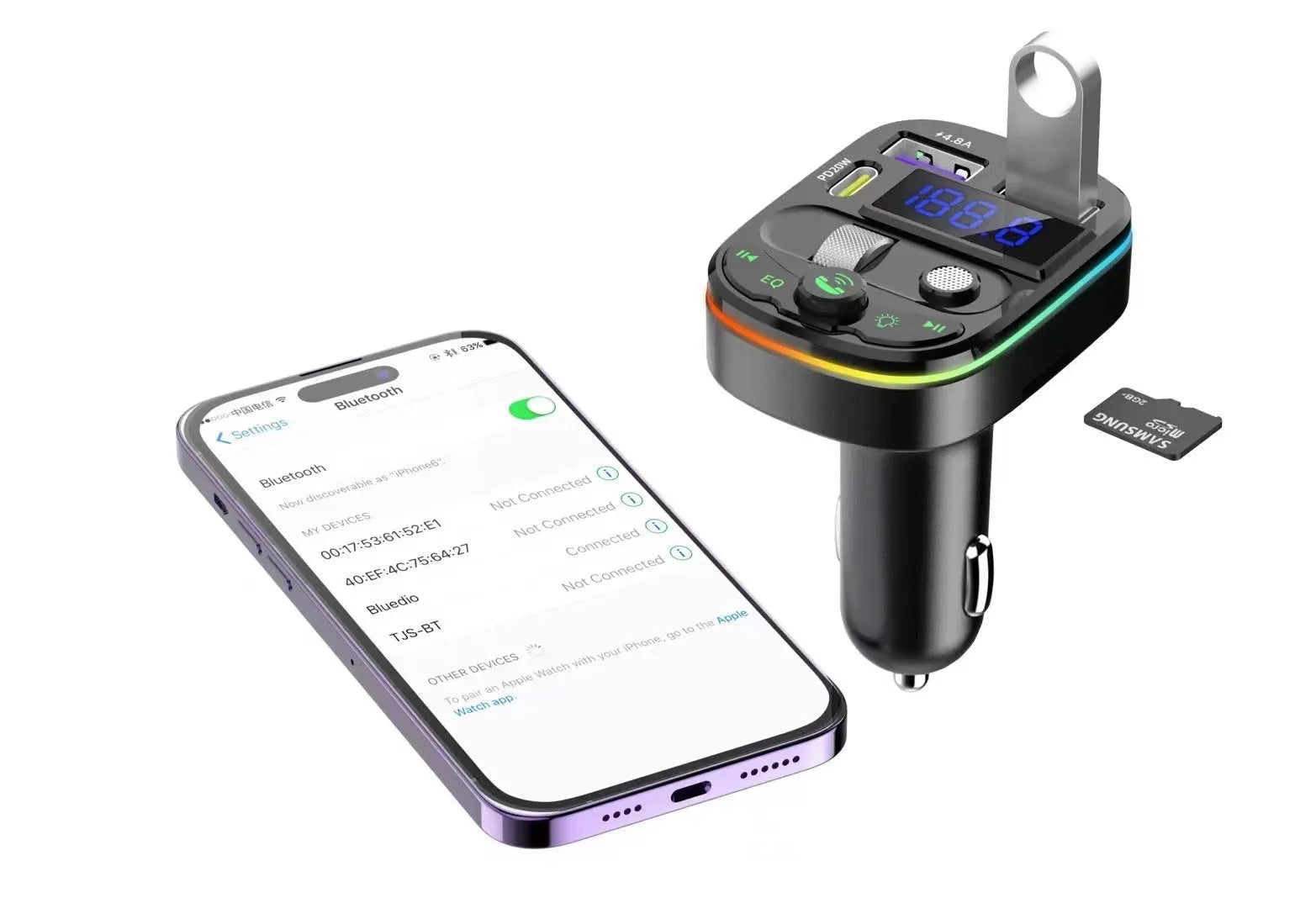 Q28 Bluetooth car receiver with MP3 playback, voltage display, and ABS plastic case