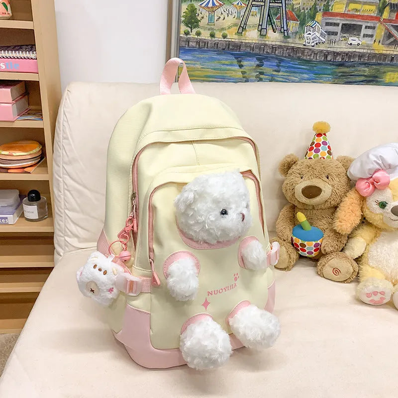 Nylon school backpack in macaron colours with curved shoulder straps and 20-35L capacity