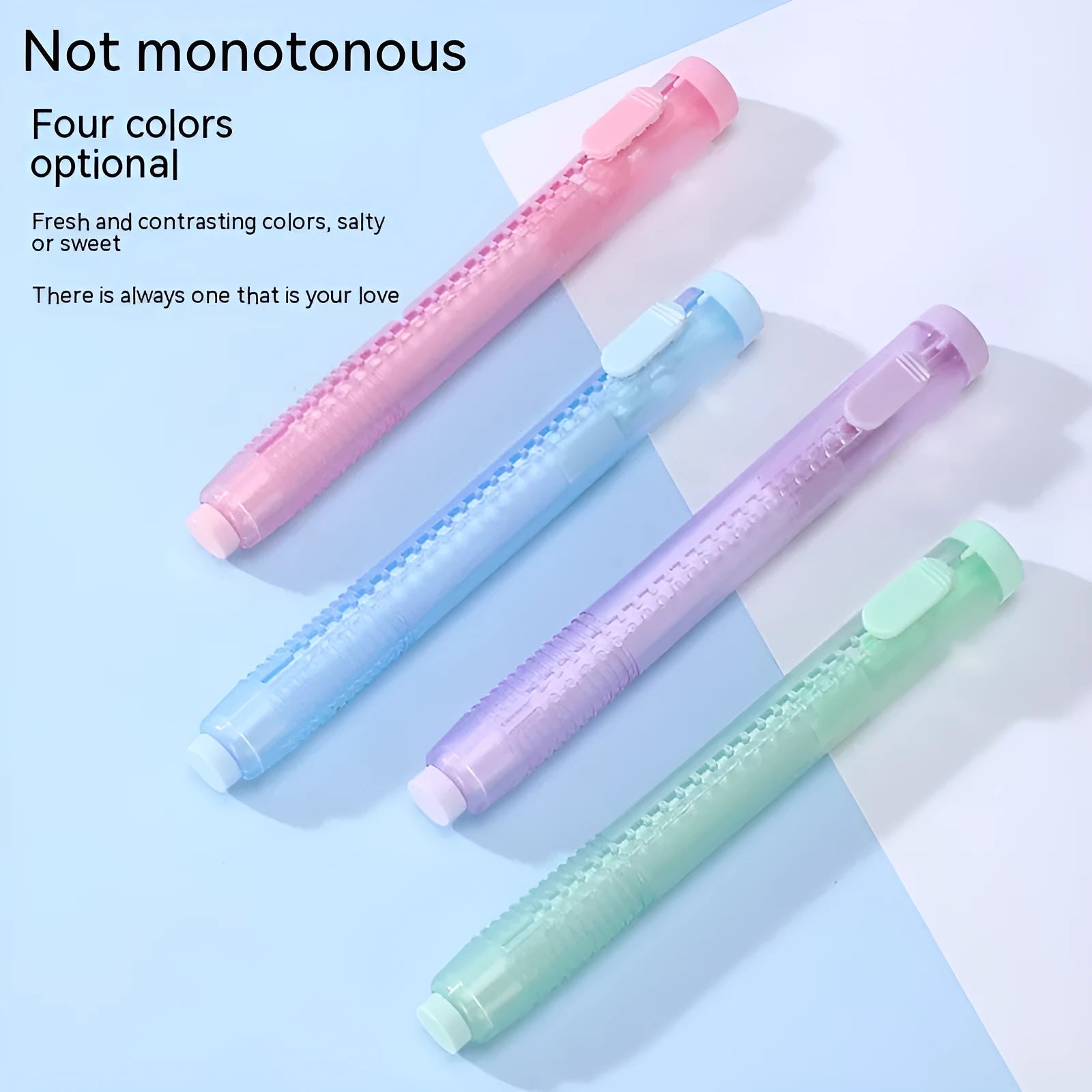 Blue push-type automatic children's eraser with traceless function, 12cm long.