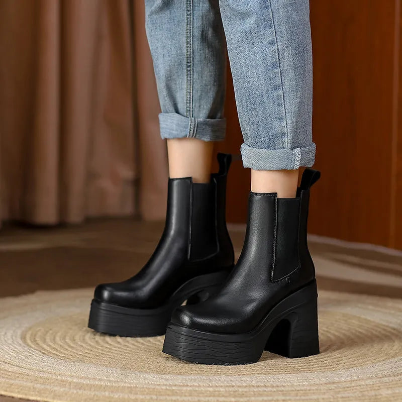 Women's square toe chunky heel platform ankle boots in black with waterproof colour-blocked platform