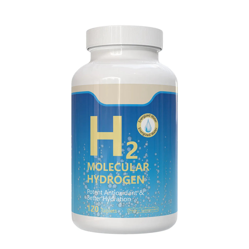 Fitness H2 Hydrogen Water Mineral Tablets 120 count bottle packaging shown with tablets