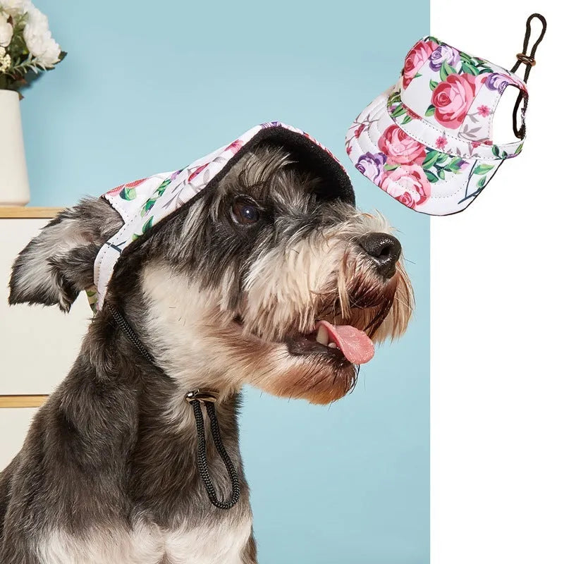 Pet baseball cap made of canvas with adjustable sizing, shown in a plaid pattern for sun protection
