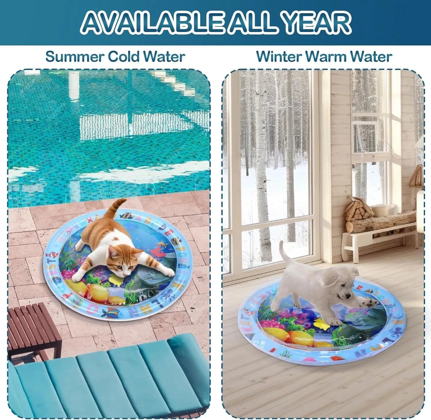 Square blue water playmat for cats on a floor, showing inflated edges and floating fish toys inside.