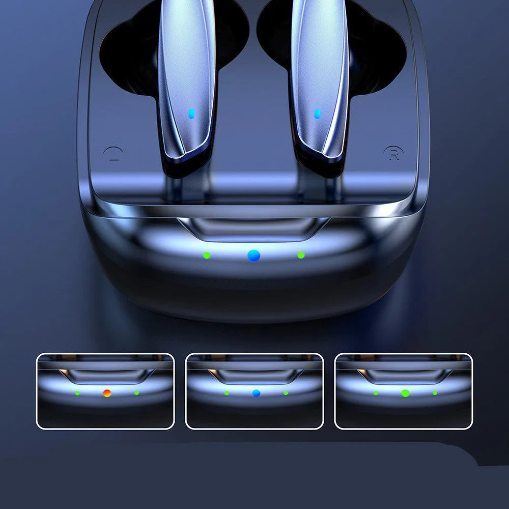 Black and white TWS Bluetooth 5.1 in-ear headphones with charging case and USB cable on a table.