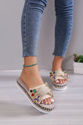 Women's beige platform sandals with adjustable beach bow and cloth upper