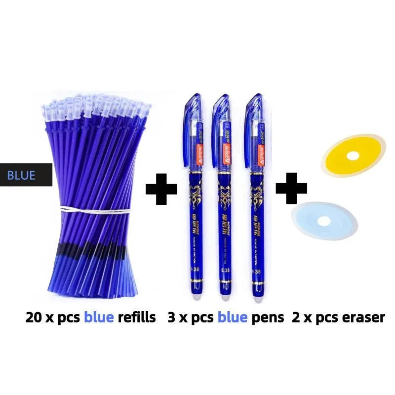 0.5mm hot erasable pen with plastic shell in black, blue, or red with refills and nib sets